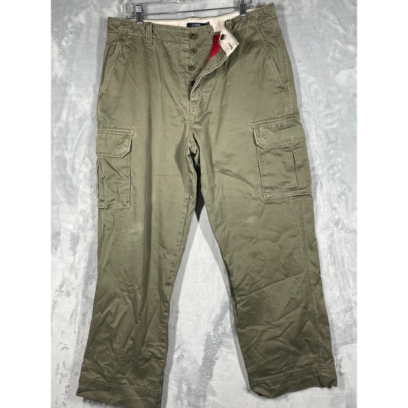 J. Crew Men's Olive Green Cargo Pants Button Fly Cotton Lined 35x30 Baggy Y2K - Picture 3 of 11